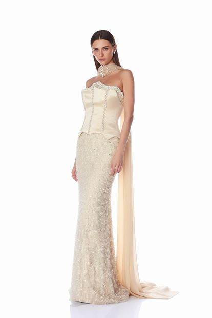 Beiges Satin Bustier Top Pailletten Meerjungfrau Abend Set